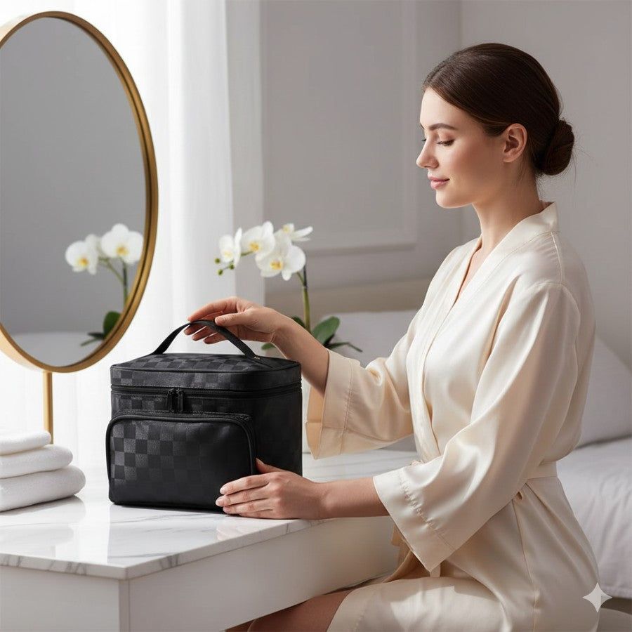 trousse de maquillage souple damier pour femme