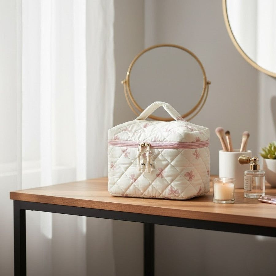 vanity make up tissu matelassé motifs nœuds papillon