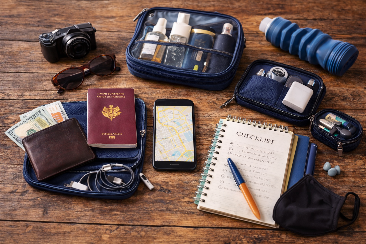 Indispensables de voyage organisés : sac cabine, trousse de toilette, passeport, accessoires et objets essentiels pour voyager sereinement
