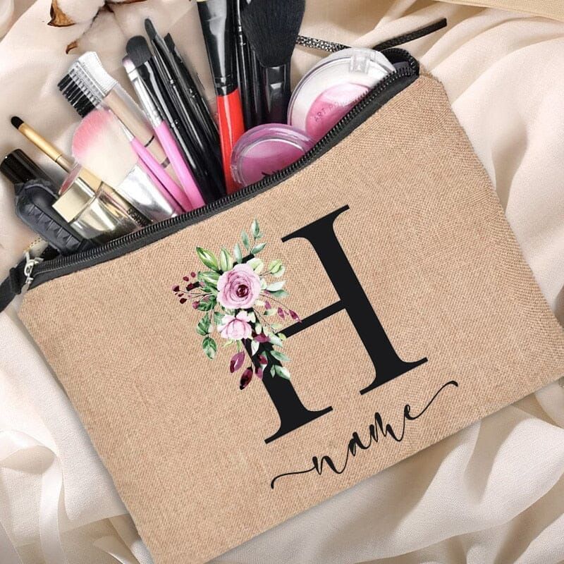 trousse de maquillage élégante avec prénom et fleur