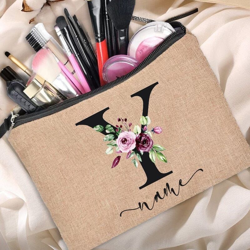 trousse de maquillage séduisante avec fleur et prénom